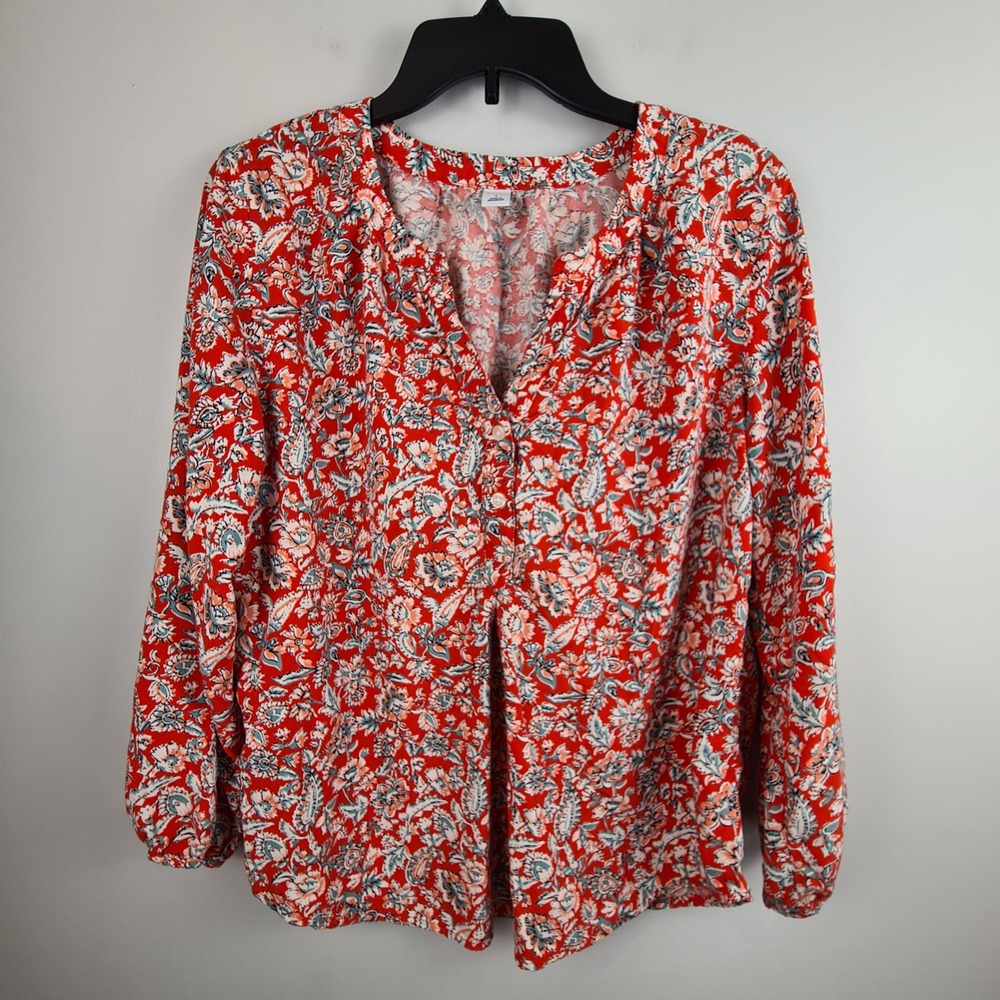 Old Navy Womens Large Red Floral Paisley Boho V-Neck Long Sleeve Blouse Top